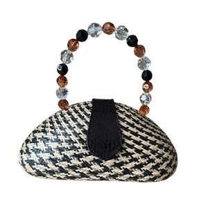 Vintage Le Sak Handmade Handbag Purse Beaded Top Handle Natural Buri Palm Fibers